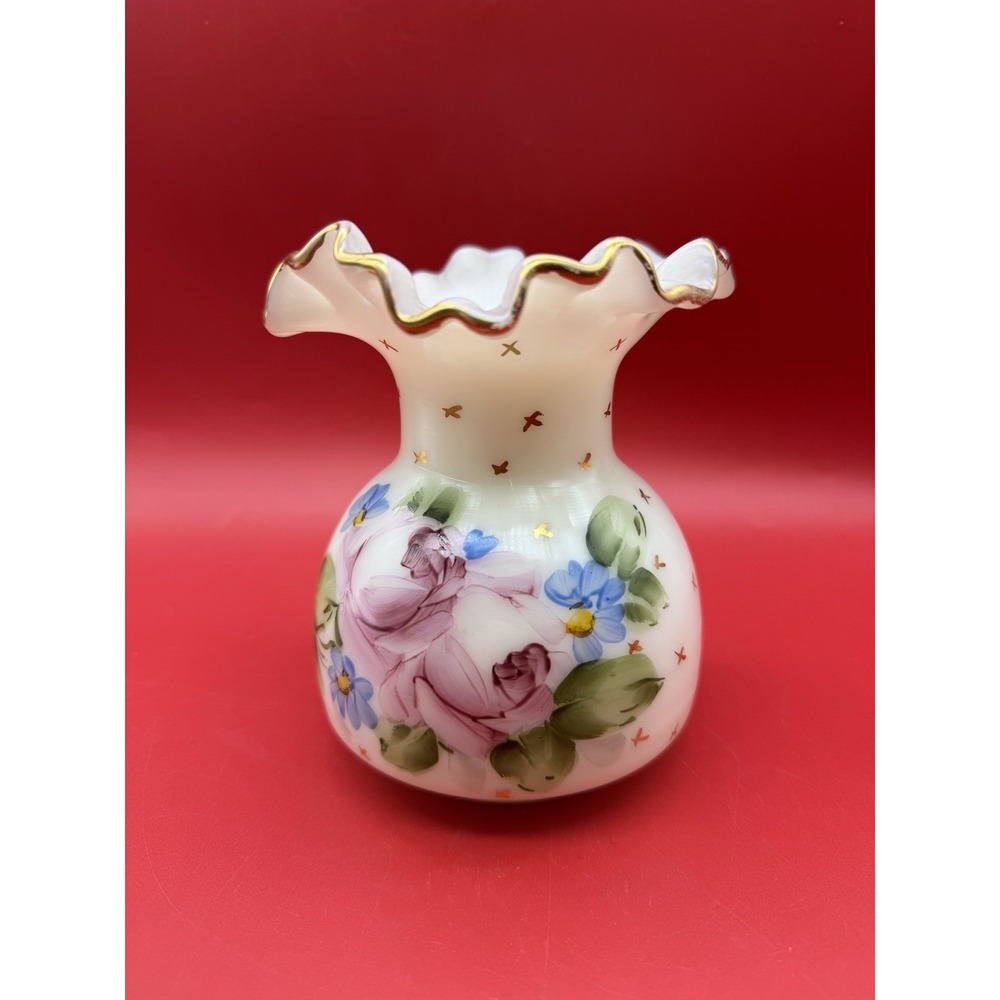 Charleton Art Glass Vase White/Pink/Gold Hand Painted Floral Rose Ruffled Rim